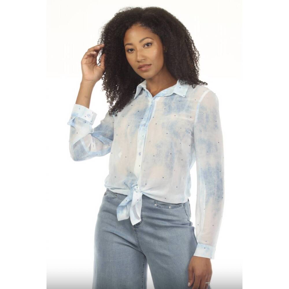NEW AZI front tie blouse in blue and white